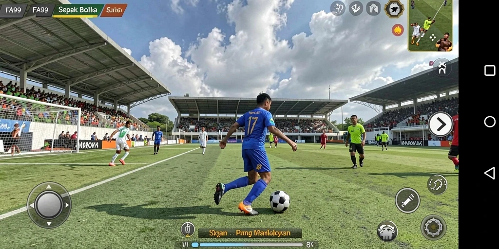 Tangkapan layar FA99 menampilkan aksi seru dalam pertandingan sepak bola.