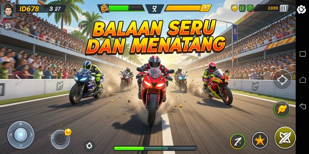 Screenshot gameplay ID678 menampilkan suasana balapan yang intens dan mendebarkan.